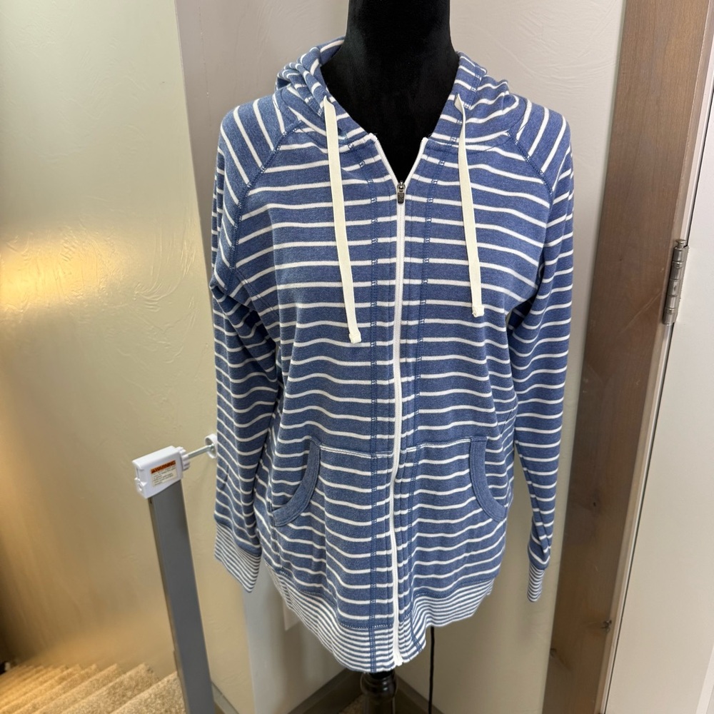 Eddie Bauer‎ Blue White Stripe Full Zip Sweater Hoodie Cotton Blend Nautical L